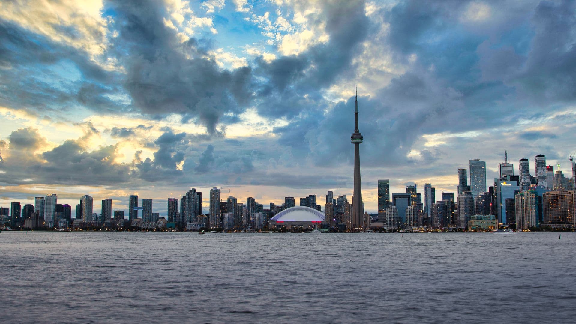 View of Toronto's city skyline from toronto islands in the evening